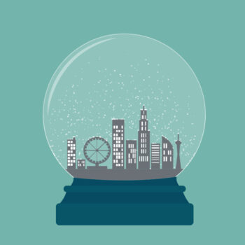 Illustration of a snow globe with a city inside